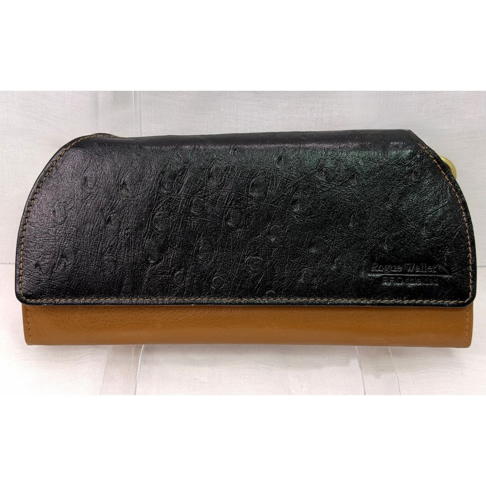 Rogue Wallet RFID Shielded Genuine Leather Clutch Brown Black Ostrich Embossed‎